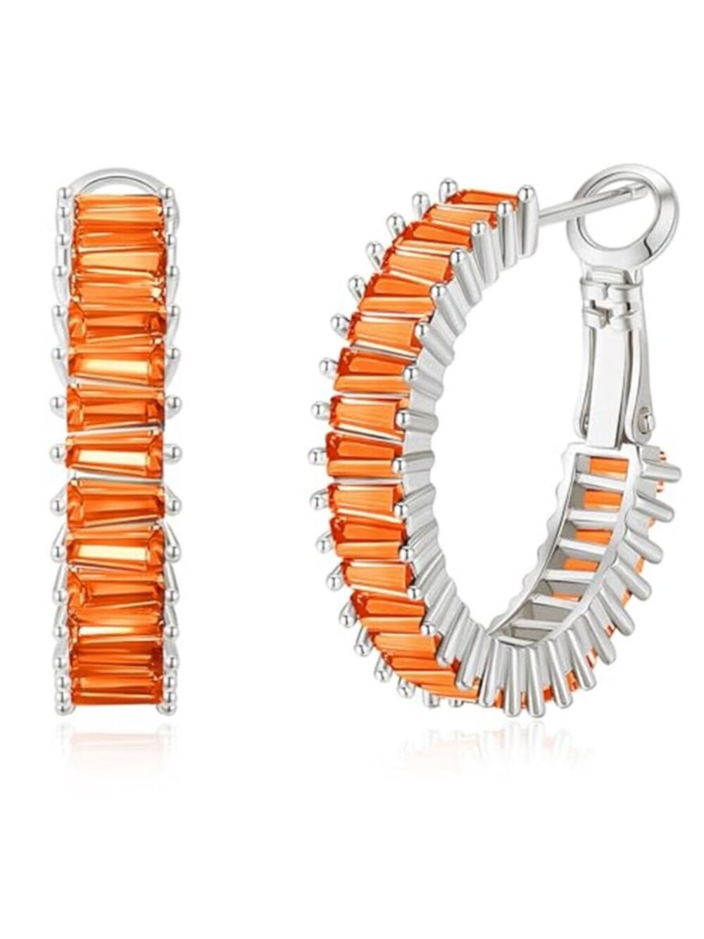 Orange Cubic Zirconia Hoop Earrings 25mm Rhinestone White Gold Plated Jewelry